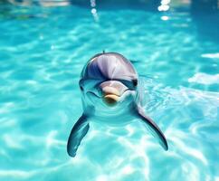 Dolphin swimming in clear blue water in a pool on a sunny day showing playful expression photo