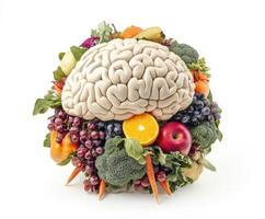 Unique arrangement of fruits and vegetables shaped like a human brain promotes healthy eating habits in creative art display photo