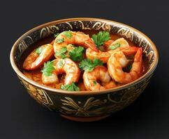 Savory shrimp dish served in an ornate bowl garnished with fresh herbs and spices photo
