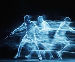Dynamic fencing action captured with motion blur in a dark setting highlighting speed and agility of athletes photo