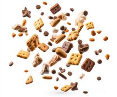 Assorted dog treats in various shapes and sizes floating against a white background photo