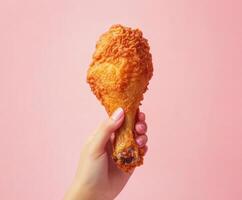Finger-licking crispy fried chicken drumstick held by a hand against a pastel pink backdrop photo