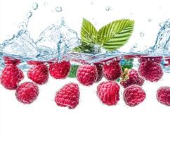 Fresh raspberries splash into crystal clear water, showcasing vibrant colors and textures in a delightful display photo