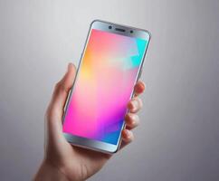 Holding a modern smartphone under soft lighting with a colorful abstract display photo