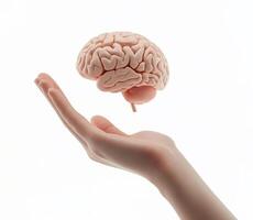 Human hand holding a floating brain in an artistic representation of intelligence and cognition photo