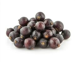 Fresh black currants arranged in a pile on a plain background showcasing their rich color and texture photo