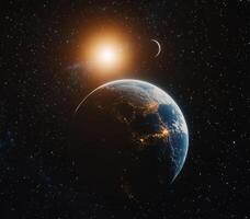 Cosmic view of Earth with bright sun and distant moon against the backdrop of space photo