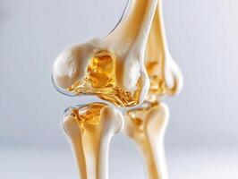 Detailed view of a human knee joint demonstrating anatomy and movement, showcasing tissues and fluid for educational purposes photo