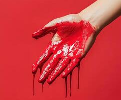 Red paint-covered hand against a striking red background showcasing artistic expression and creativity photo