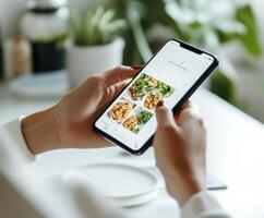Person browsing food options on smartphone in kitchen with plants and modern decor photo