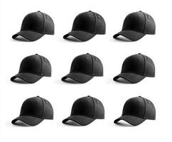 Multiple black caps arranged neatly in a grid pattern on a white background, showcasing a simple and classic design ideal for various occasions photo