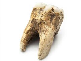 Study of a fossilized tooth showcasing natural erosion and characteristics from prehistoric times in a detailed view photo