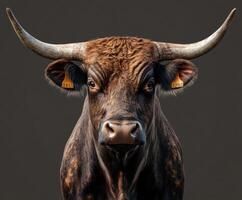 Close-up of a brown bull with prominent horns and tagged ears against a dark background photo