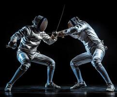 Two fencers engage in an intense duel during a night match in a dimly lit arena showcasing their skills and focus photo