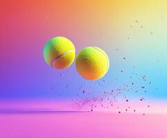 Tennis balls playfully bouncing in vibrant colors against a dynamic gradient background photo