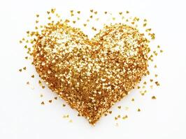 Golden heart shape made of glitter on white background creates a festive and cheerful atmosphere for celebrations photo
