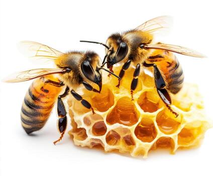 Bees collecting nectar and creating honeycomb in a beehive during daylight hours photo