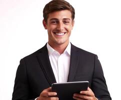 Young man in formal attire smiles while using a tablet in a neutral background setting photo