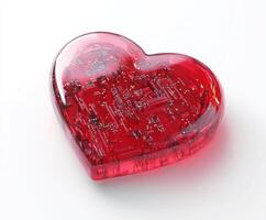 Heart-shaped object with intricate circuit designs showcasing the fusion of technology and emotion in an artistic representation photo