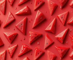 Colorful display of triangular watermelon slices on a vibrant red background in a fresh summer arrangement photo