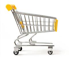 Miniature shopping cart showcased on a clean surface with vibrant yellow accents, perfect for display and creative projects photo