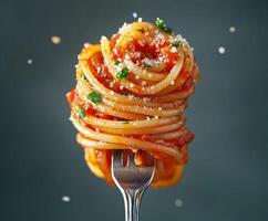 Delicious spaghetti with marinara sauce and herbs twirled on a fork ready to be enjoyed photo