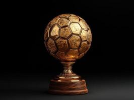 Golden trophy representing excellence in football shines against a dark background photo