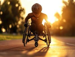 Wheelchair athlete competes passionately at sunset on a track with trees in the background photo