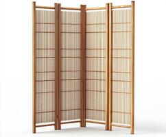 Decorative wooden room divider featuring woven panels displayed in a minimalist interior setting photo