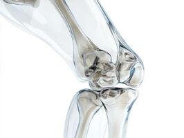 Detailed view of a human knee joint highlighting bone structure and cartilage at an anatomical study level photo