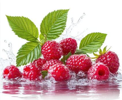 Fresh raspberries splash in water creating a vibrant display of nature's bounty photo