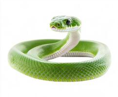 Green snake coiled gracefully against a plain background highlighting its vibrant color and intricate scale pattern photo