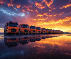 Bright orange trucks lined up against a stunning sunset with vibrant clouds reflecting in puddles photo