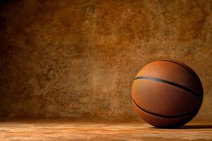 Basketball placed on a wooden floor with a rustic background capturing a moment of stillness photo