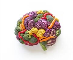 Colorful vegetable arrangement resembling a brain on a white background showcases creativity and healthy eating ideas photo