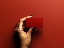 Elegant hand holding a red rectangular card against a textured red background in a minimalist setting photo
