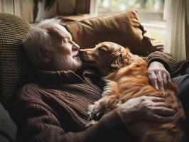 Elderly man enjoys warm moment with golden retriever on cozy couch during a peaceful afternoon photo