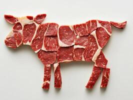 Creative arrangement of beef cuts forming the shape of a cow on a white background photo