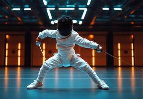 Young fencer practices technique in a modern indoor training facility during evening session photo