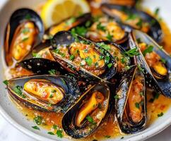 Delicious mussels cooked in savory sauce with herbs and lemon served in a bowl at a kitchen table photo