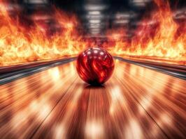 Bowling ball rolling down a lane surrounded by flames creating a dramatic and exciting atmosphere photo