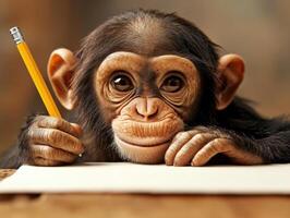 Curious monkey engages in creative writing while holding a pencil in a cozy indoor setting photo