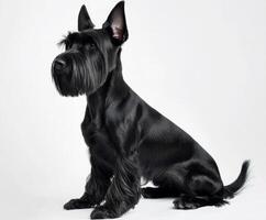 Black schnauzer dog sitting calmly in a bright, minimalistic studio setting photo