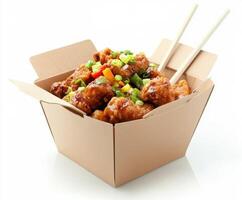 Mouthwatering crispy chicken with vegetables served in a takeout box ready to enjoy photo