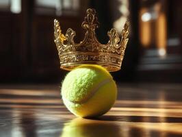 Tennis ball crowned with a golden crown resting on a wooden surface illuminated by soft sunlight photo