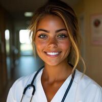 Smiling healthcare professional in a medical facility during daytime photo