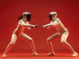 Two fencers in action during a competitive match against a vibrant red background photo
