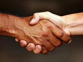 Handshake symbolizes unity and cooperation between individuals of different backgrounds in a diverse community setting photo