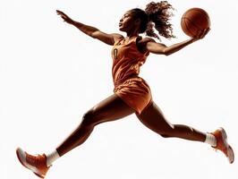 Basketball player in motion leaping for a slam dunk during a match in a brightly lit gymnasium photo