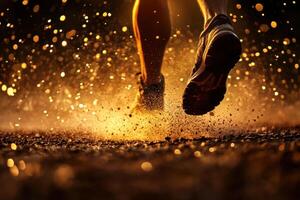 Running through puddles at sunset creates a vibrant splash of water and light in a peaceful outdoor setting photo